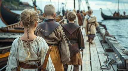 Obraz premium Saga of youth - viking children embracing lifestyle of their ancestors, delving into customs, activities, rich cultural heritage that molds spirited lives of these historic young warriors.