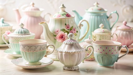 Whimsical arrangement of assorted ornate teapots and dainty cups in soft pastel hues on white background with subtle texture.