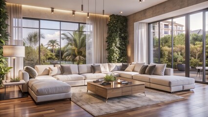 Fototapeta premium Elegant modern living room featuring sleek white sectional sofa surrounded by lush greenery and natural light-filled floor-to-ceiling windows.