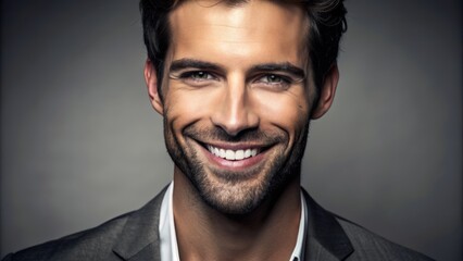 Fototapeta premium Elegant masculine face with bright white smile and chiseled features set against dull gray studio backdrop.