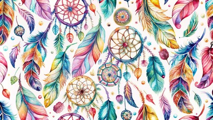Vibrant watercolor seamless pattern featuring an array of colorful feathers intertwined with intricately designed dream catchers on a soft white backdrop.