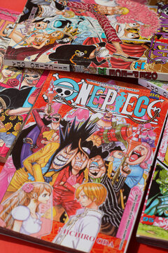 Banjar, Indonesia - August 21, 2022:  Japanese Manga One Piece - comic book published in Weekly Shonen Jump Magazine.