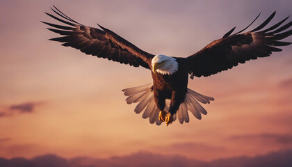 Fototapeta premium bald eagle soaring in the sky with wings spread, dramatic sunset colors