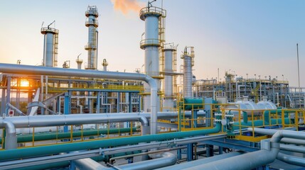 Fototapeta premium A large industrial plant with many pipes and a large yellow and blue pipe