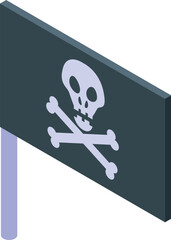 Isometric black pirate flag with skull and crossbones waving in the wind