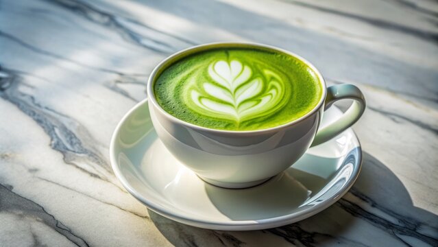 Vibrant green matcha latte in a crisp white cup on a sleek marble table, illuminated by soft, warm sunlight and subtle shadows.
