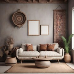 Mockup frame in nomadic boho interior sofa sat background