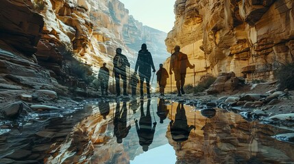 Backpackers hiking through a canyon close up, focus on, copy space Rugged cliffs and exploration Double exposure silhouette with canyon and backpackers