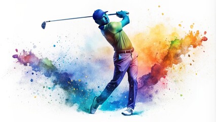 Vibrant aquarelle style illustration of a golfer's silhouette swinging club amidst expressive brush strokes and water splash on white background.