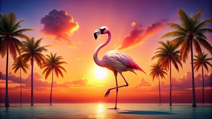 Sunglasses-wearing flamingo standing on one leg, posing confidently against a vibrant pink and orange sunset backdrop with palm trees.