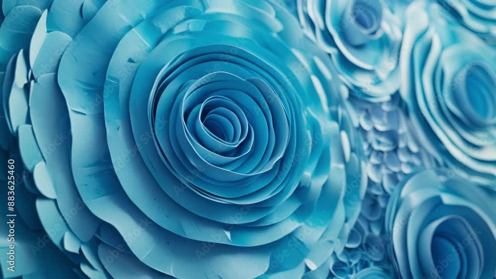 Poster layers of concentric circles each in a different hue of blue come together to form a visually stunni