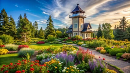Majestic tower rises from lush greenery amidst tranquil gardens, surrounded by vibrant flowers and serene walking paths in rural Alberta.