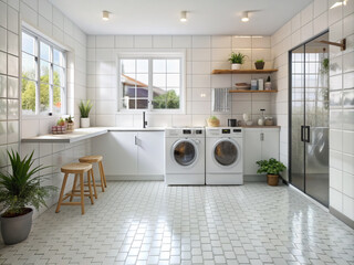 Pristine white tile floor provides a clean and minimalist background for bathroom, kitchen, and laundry room scenes, perfect for product placement and interior design visuals.
