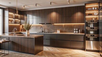 Sleek, modern kitchen flaunts black cabinetry, contrasting metallic worktop, and minimalist decor, exuding sophistication and contemporary elegance in monochromatic hues.