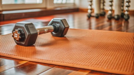 Close-up of a single dumbbell and fitness mat on a rubber gym floor with subtle weights and equipment in background.