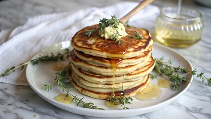 Golden brown pancakes stacked high with drizzle of warm honey and sprinkle of fresh thyme on white marble surface.