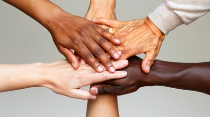 Fototapeta premium Diverse hands joined together in unity, showing teamwork and community. Symbolizes diversity, inclusivity, and collective strength.