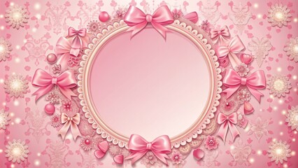 A garish, oversized, round, pink frame adorned with an excessive abundance of frilly bows and fluttering ribbons, screaming femininity.