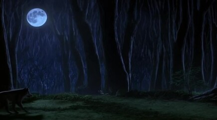 A forest clearing with a large, bright full moon casting an eerie glow and a wolf howling in the distance. - Powered by Adobe