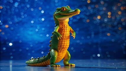 Fototapeta premium Adorable anthropomorphic crocodile model stands upright on hind legs, showcasing vibrant green scales, in front of a serene bright blue background.