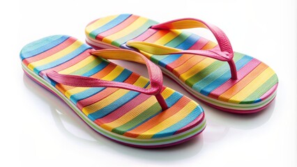 Colorful beach slippers isolated on white background with subtle shadows and soft focus, evoking feelings of relaxation and summer fun.