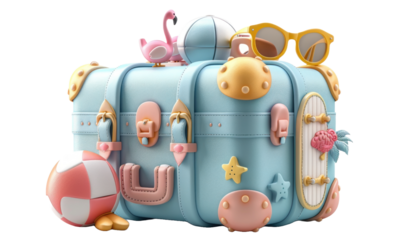 Cute suitcase with stuffs for holiday isolated on a transparent background for web, banner, wallpaper