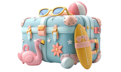 Cute suitcase with stuffs for holiday isolated on a transparent background for web, banner, wallpaper