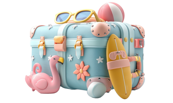 Cute suitcase with stuffs for holiday isolated on a transparent background for web, banner, wallpaper