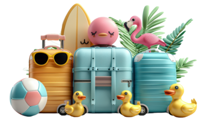 Cute suitcase with stuffs for holiday isolated on a transparent background for web, banner, wallpaper