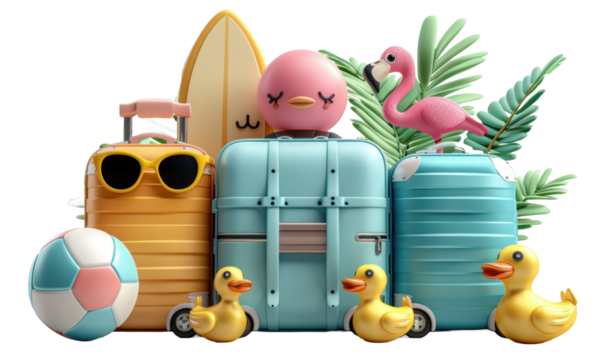 Cute suitcase with stuffs for holiday isolated on a transparent background for web, banner, wallpaper