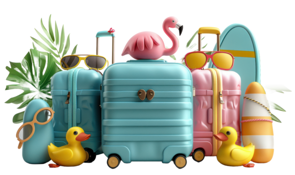Cute suitcase with stuffs for holiday isolated on a transparent background for web, banner, wallpaper