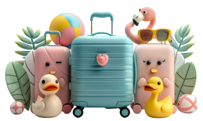Cute suitcase with stuffs for holiday isolated on a transparent background for web, banner, wallpaper
