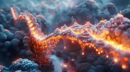 Platelets reimagined as builders constructing a luminous bridge in a surreal landscape