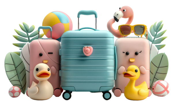 Cute suitcase with stuffs for holiday isolated on a transparent background for web, banner, wallpaper