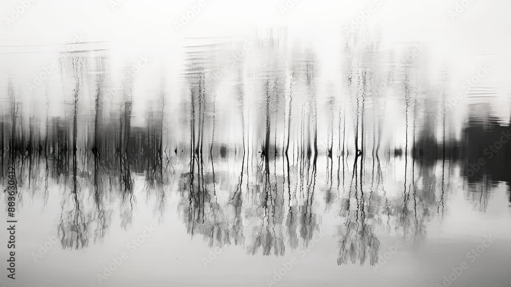 Poster the undulating reflection of trees in a pond transformed into an otherworldly abstract landscape. bl