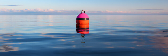 Obraz premium Photograph Depicting a Colorful, Weathered Buoy Adrift amid a Tranquil Body of Water