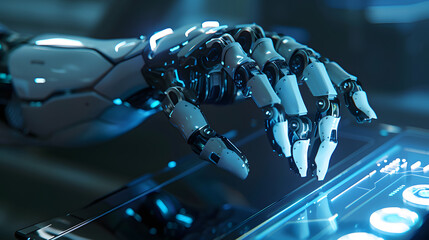 Fototapeta premium AI artificial intelligence robot advanced android technology control computer system laptop electronic digital, innovation future futuristic robotics human interaction connection working automation