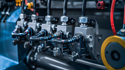 Fototapeta premium Part of a hydraulic industrial machine, control levers of a hydraulic machine, industrial concept