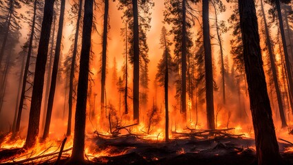 A forest fire is raging through a wooded area, with trees and branches burning