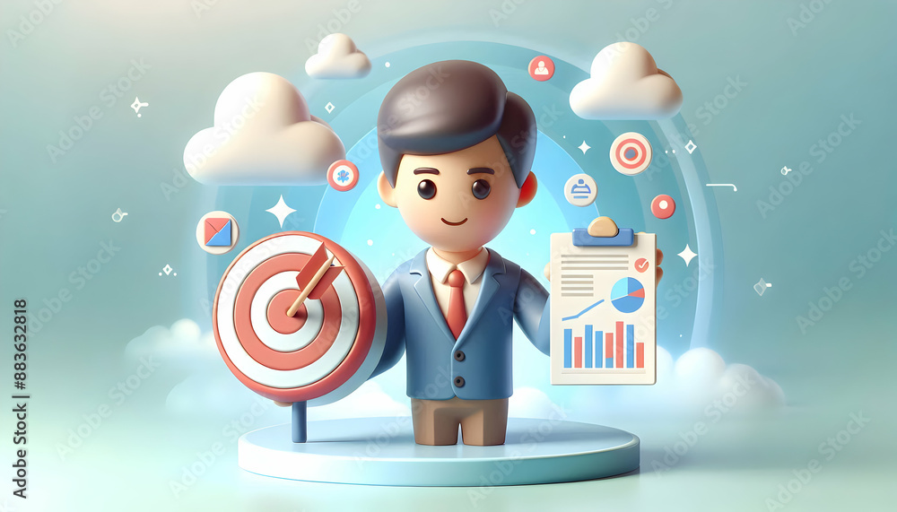 Poster 3d flat icon: marketer holding target and report symbolizing targeted marketing and business strateg