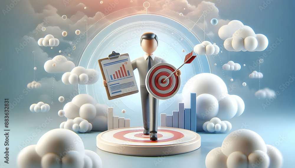 Poster 3d flat icon of marketer holding target and report against dreamy background business strategy conce