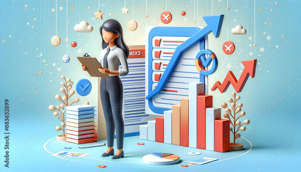 Poster 3D Flat Icon of Operations Manager with Checklist and Pen Concept for Business Operations and Management | Whimsical Background with Space for Text | Isolated on White