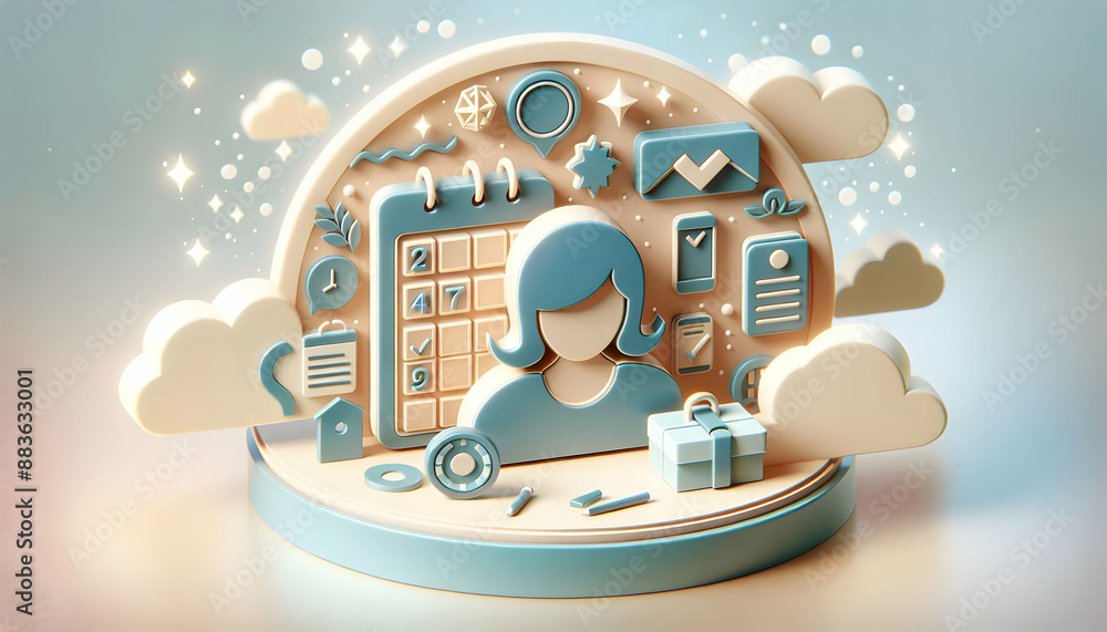 Aufkleber 3d flat organizer icon with calendar and notebook on dreamy background for business strategy and org