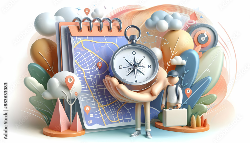 Poster a 3d flat icon featuring a business planner holding a map and compass on whimsical background for na