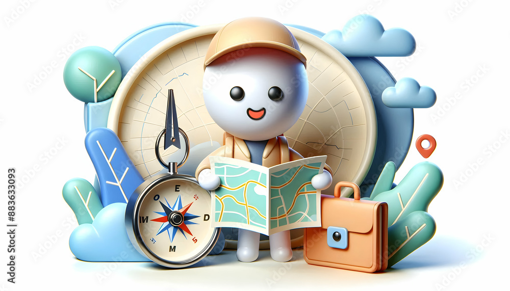 Poster a 3d flat icon of a business planner holding a map and compass on whimsical background creative desi