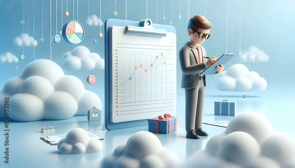 Poster 3d flat icon: project manager with gantt chart and clipboard on dreamy background business coordinat