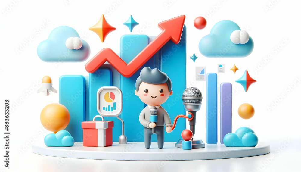 Poster 3d flat icon: public relations specialist with microphone and notes concept on whimsical background 