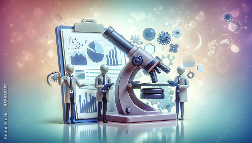 Aufkleber 3d flat icon: research team with microscope analyzing data sheets concept on dreamy background white