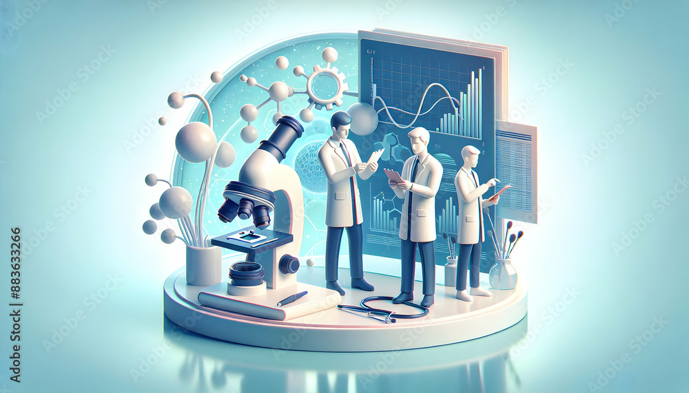 Poster 3d flat icon: research team analyzing data sheets with microscope in dreamy background business team