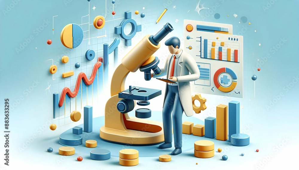 Poster 3d flat icon of researcher with microscope and data concept